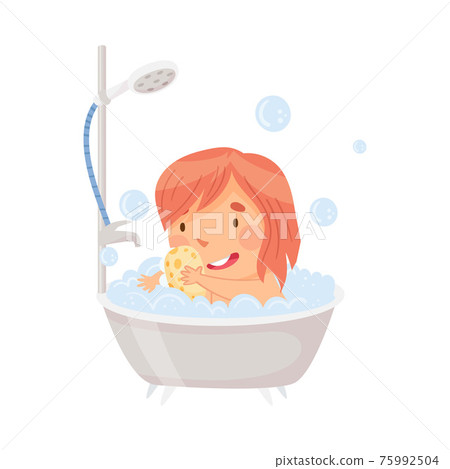 Little Girl Sitting in Tub Full of Foam Taking Bath in Bathroom Washing with Soap Vector Illustration 75992504