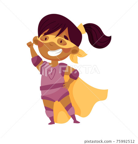 Little African American Girl Wearing Costume of Superhero Pretending Having Power for Fighting Crime Vector Illustration 75992512