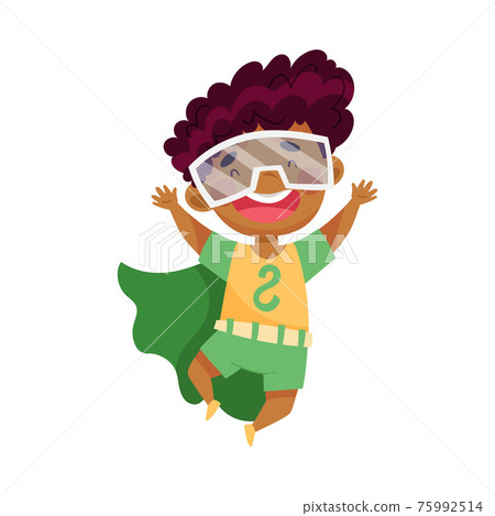 Cute African American Boy Wearing Cape as Superhero Jumping Pretending Having Power for Fighting Crime Vector Illustration Cute African American Boy Wearing Cape as Superhero Jumping Pretending Having Power for Fighting Crime Vector Illustration 75992514
