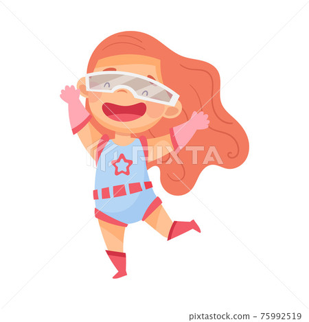 Beaming Girl Wearing Costume of Superhero Jumping High Pretending Having Power for Fighting Crime Vector Illustration Beaming Girl Wearing Costume of Superhero Jumping High Pretending Having Power for Fighting Crime Vector Illustration 75992519