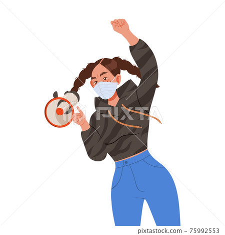 Young Girl Wearing Face Mask Shouting in Megaphone Supporting Street Protest Against Human Rights Violation Vector Illustration 75992553