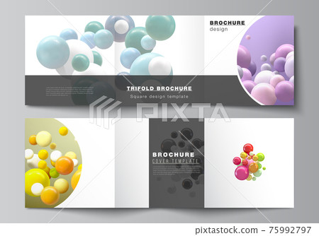 Vector layout of square covers templates for trifold brochure, flyer, magazine, cover design, book design. Abstract vector futuristic background with colorful 3d spheres, glossy bubbles, balls. Vector layout of square covers templates for trifold brochure, flyer, magazine, cover design, book design. Abstract vector futuristic background with colorful 3d spheres, glossy bubbles, balls. 75992797