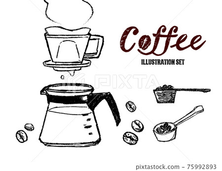 Hand drawn illustration set of coffee. Illustration of dripper, coffee server, measuring spoon, coffee beans. Hand drawn illustration set of coffee. Illustration of dripper, coffee server, measuring spoon, coffee beans. 75992893