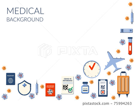 Background on the theme of vaccination. New travels after the pandemic, passport, antibodies. Travel permit. Vector Background on the theme of vaccination. New travels after the pandemic, passport, antibodies. Travel permit. Vector 75994263