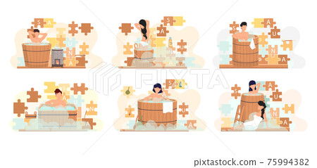 Set of illustrations about steaming in wooden barrels surrounded by puzzles with inscription sauna 75994382
