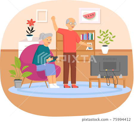 Old people play video game. Senior people with different gadgets. Oldster education on computer Old people play video game. Senior people with different gadgets. Oldster education on computer 75994412