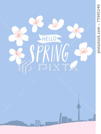 Hello spring text on Seoul skyline landscape. Spring flowers blossom festival poster. Vertical vector illustration 75995240