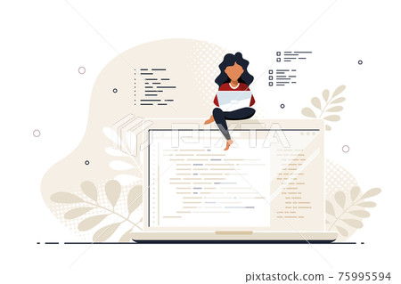 Programmer specialist sitting on the big laptop and working Programmer specialist sitting on the big laptop and working 75995594