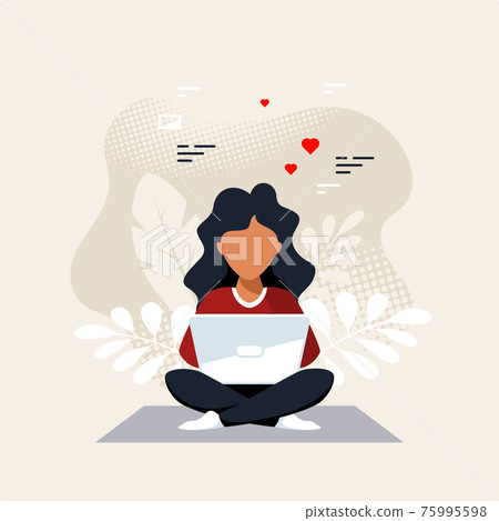Young black woman working on laptop, flat design vector Young black woman working on laptop, flat design vector 75995598