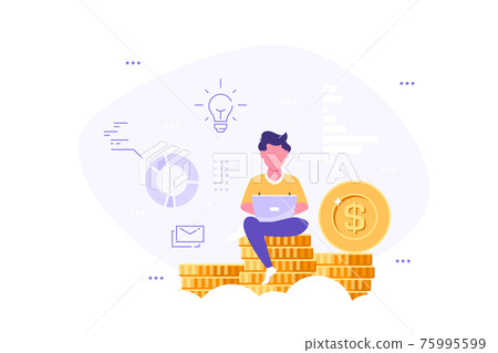 Young man with laptop sitting on stack of coins. Young man with laptop sitting on stack of coins. 75995599