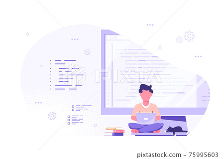 Programmer specialist sitting on big computer screen and working Programmer specialist sitting on big computer screen and working 75995603