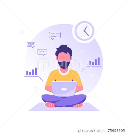 Caucasian man working on laptop, flat design vector 75995605