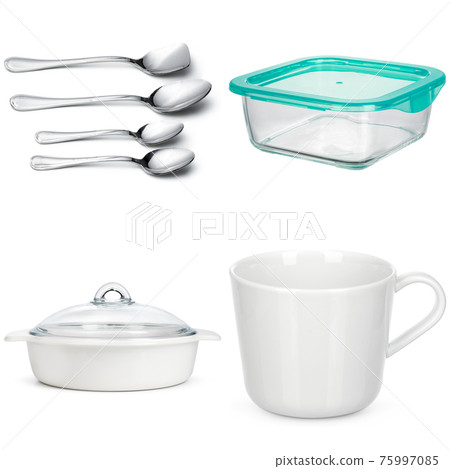 Collage of crockery and cutlery on white background 75997085