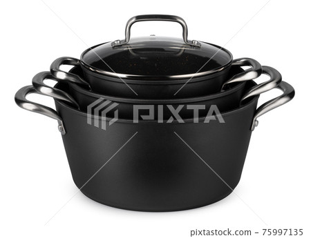 New set of black saucepans isolated on white 75997135
