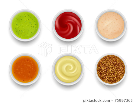 Sauce top view. Gourmet liquid sauce syrup for food garnishing tomato mustard chili green oil wasabi soup in round bowls decent vector realistic collection 75997365