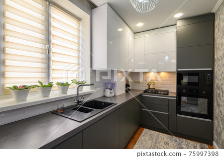 Modern dark grey small kitchen interior 75997398