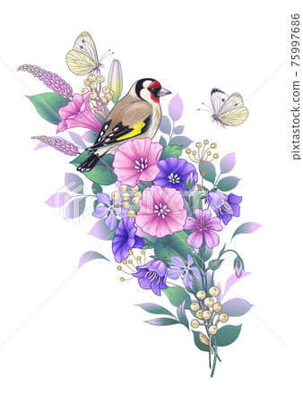 Goldfinch, Butterflies  and Wildflowers Bouquet 75997686