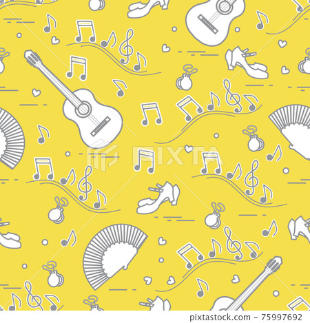 Pattern with fan, shoes, castanets, notes, guitars Pattern with fan, shoes, castanets, notes, guitars 75997692