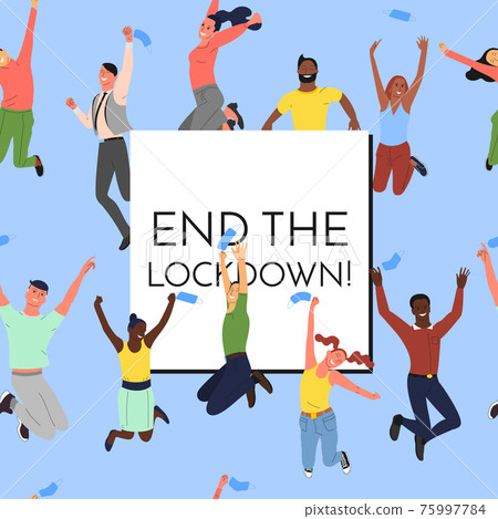 Crowd of young happy smiling multinational diverse people in jumping poses throwing up face masks Crowd of young happy smiling multinational diverse people in jumping poses throwing up face masks 75997784