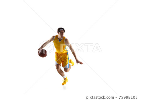 Young Caucasian basketball player training isolated on white background. 75998103