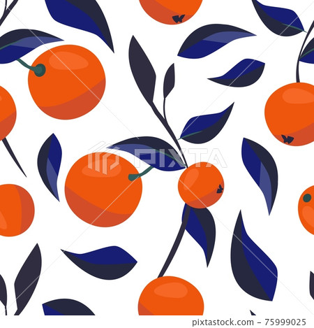 Contemporary art pattern. Juicy oranges and blue leaves. Abstract fruits vector seamless texture 75999025