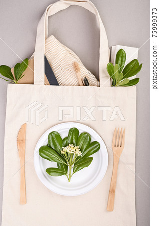 Eco friendly, disposable, recyclable, compostable tableware. Toothbrush, plate, cutlery, bag made of 75999373