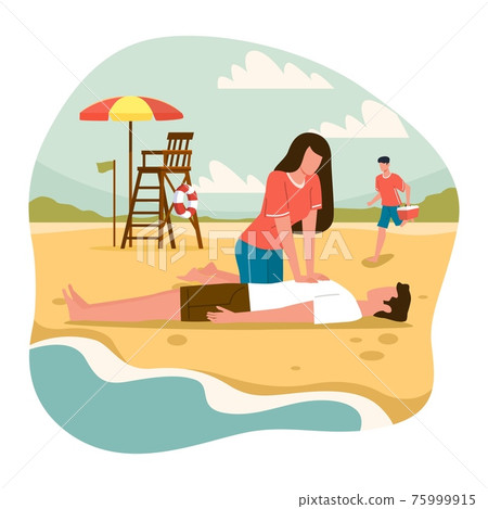 Beach lifeguards. Emergency assistance drowning situation, woman do indirect heart massage to man, ambulance service on seaside. Reanimation and resuscitation on vacation vector cartoon concept 75999915