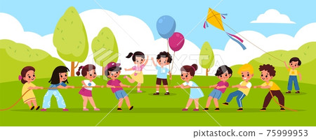Tug of war outdoor. Outdoor team games, kids pull the rope in park, boy launches kite on green grass, students play compete, equal and counteracting forces. Vector cartoon concept Tug of war outdoor. Outdoor team games, kids pull the rope in park, boy launches kite on green grass, students play compete, equal and counteracting forces. Vector cartoon concept 75999953