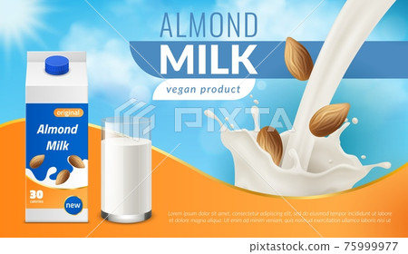 Almond milk poster. Realistic healthy vegan nut drink, cardboard box and glass, protein vegetarian beverage jet and splash crown. Advertising banner template vector 3d illustration 75999977