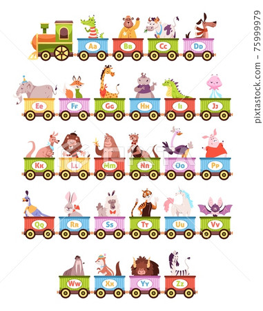 Alphabet train. Cartoon kids color wagons, funny animals and letters, cute zoo abc, vehicle toys, children amusement park. Childish educational poster or cards vector cartoon concept 75999979