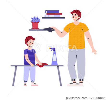 Housework for kid and father, son and dad together wipe dust and cleaning room 76000883