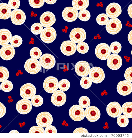 Painted floral seamless pattern. Hand drawn oil acrylic paint white red simple flowers on a blue 76003745