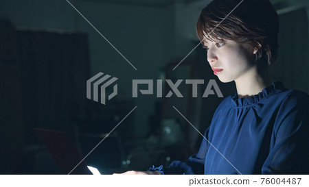 一位女士在黑暗的辦公室使用 PC 76004487