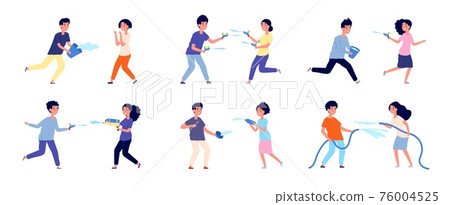 Kids on water festival. Songkran cartoon children celebrate, child play splashes. Asian culture, thailand fun new year fest utter vector set 76004525