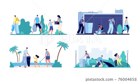 People and garbage. Street garbage, volunteering family cleaning trash. Volunteer throw rubbish from forest town or waterfront vector scenes People and garbage. Street garbage, volunteering family cleaning trash. Volunteer throw rubbish from forest town or waterfront vector scenes 76004658