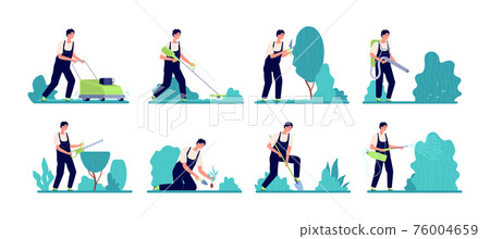 Gardener worker. Person work, rural organic farming or backyard garden services man. Professional farm care bush plants and tree vector set 76004659