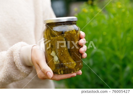 Woman housewife hand holding glass jar of pickled cucumbers. Domestic preparation pickling and canning of vegetables, winter organic food. Healthy fermented homemade food marinated cucumbers in jar. Woman housewife hand holding glass jar of pickled cucumbers. Domestic preparation pickling and canning of vegetables, winter organic food. Healthy fermented homemade food marinated cucumbers in jar. 76005427