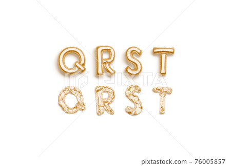 Inflated, deflated gold Q R S T letters, balloon font Inflated, deflated gold Q R S T letters, balloon font 76005857
