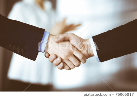 Business people shaking hands at meeting or negotiation, close-up. Group of unknown businessmen and a woman standing in a modern office. Teamwork, partnership and handshake concept 76006817