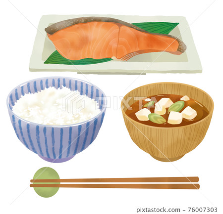 早上的日本料理插圖，配米飯、味噌湯和魚 76007303