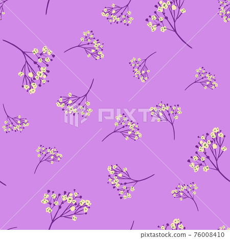 Gypsophila flowers seamless pattern in doodle hand drawn style. Random flowers print on purple background. Gypsophila flowers seamless pattern in doodle hand drawn style. Random flowers print on purple background. 76008410