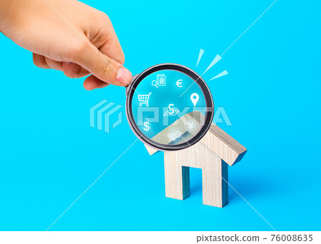 Realtor examines houses through a magnifying glass. Real estate market review. Quality of housing and availability of infrastructure. Verification of declared compliance. Price, location, legality 76008635