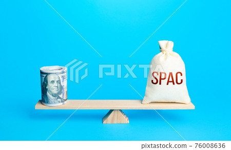 Bundle of dollars and a bag of SPAC on scales. The concept of attracting investors' money to fund the merger of companies into a new one. Assessing the value of the new company and profitability. 76008636