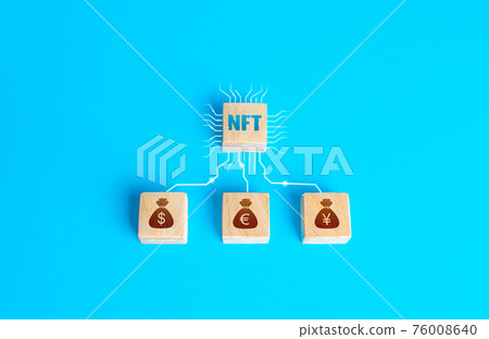 Blocks NFT non-fungible token and money connected by lines. Selling digital assets and art through auctions. Blockchain technology. Monetization, investment in cryptographic tokens, cryptocurrency. Blocks NFT non-fungible token and money connected by lines. Selling digital assets and art through auctions. Blockchain technology. Monetization, investment in cryptographic tokens, cryptocurrency. 76008640