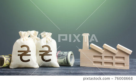 Ukrainian hryvnia money bags and industrial factory. Subsidies support for businesses. Concession auction tender. Budget forming economy subjects. Investments in production and energy industry. Ukrainian hryvnia money bags and industrial factory. Subsidies support for businesses. Concession auction tender. Budget forming economy subjects. Investments in production and energy industry. 76008668
