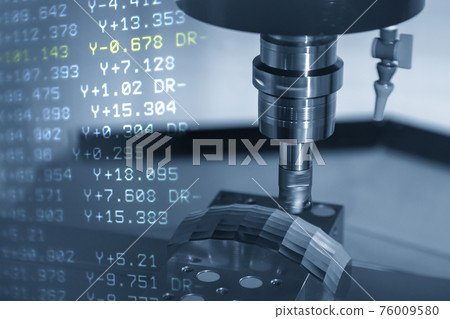 Abstract scene of CNC milling machine and G-code data background. The hi-technology mold and die manufacturing concept by machining center. 76009580