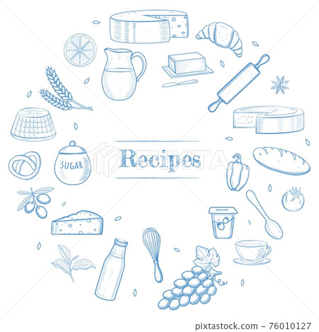 Hand drawn kitchen stuff, dairy and bakery products, vegetables, food ingredients. Recipe book template, restaurant menu icons, shavuot banner frame concept. Hand drawn kitchen stuff, dairy and bakery products, vegetables, food ingredients. Recipe book template, restaurant menu icons, shavuot banner frame concept. 76010127