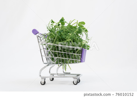 There are microgreens in the shopping cart. Young sprouts of peas lie in a heap in a shopping basket. Microgreens purchase concept. Price, demand for greens. There is space for text. 76010152