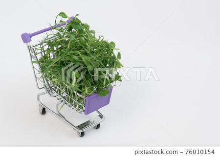 There are microgreens in the shopping cart. Young sprouts of peas lie in a heap in a shopping basket. Microgreens purchase concept. Price, demand for greens. There is space for text. 76010154