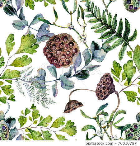 Watercolor Greenery and Lotus Seamless Pattern Watercolor Greenery and Lotus Seamless Pattern 76010787